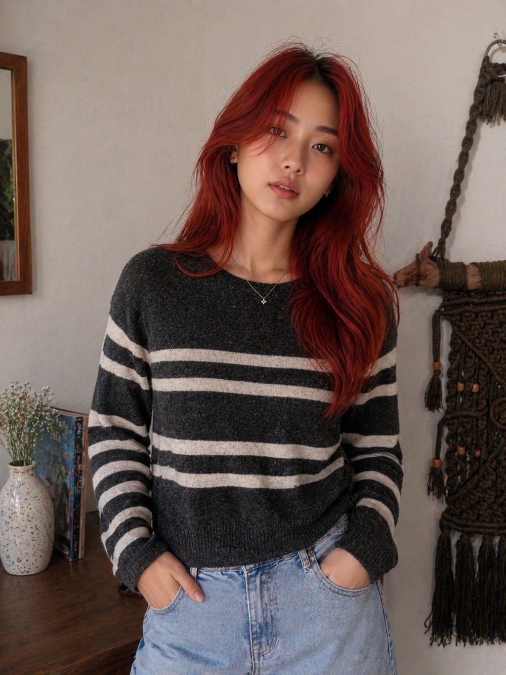 Joe Fresh Charcoal and Cream Striped Boatneck Sweater